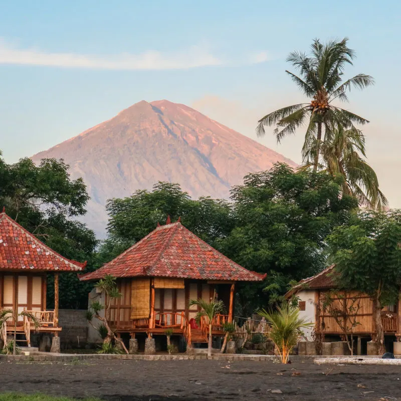 Beach Huts Close To Amed With Mount Agung In Background in Karangasem Regency East Bali