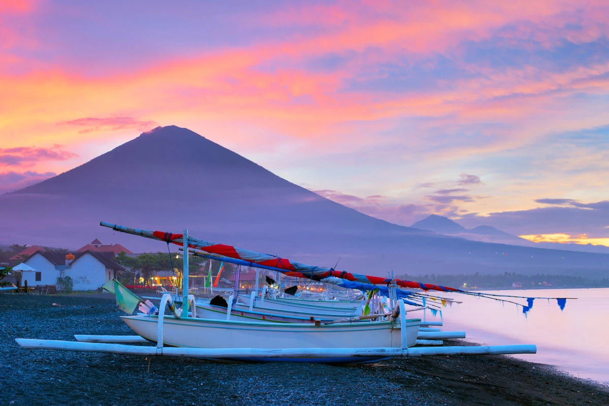 View of Amed and Mount Agung in Bali Sunset