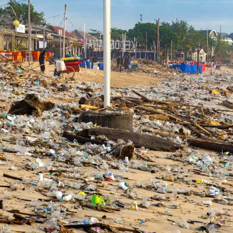 Tide Of Trash Waste On Jimbaran Beach in Bali