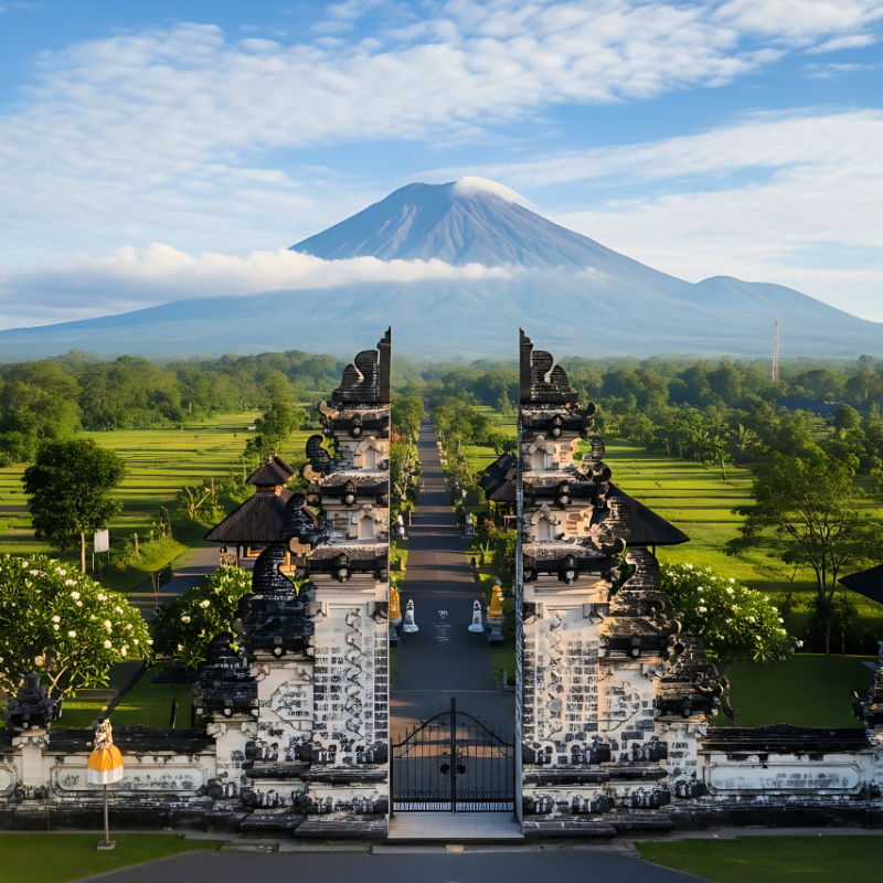 View of Mount Agung and Temple in Bali