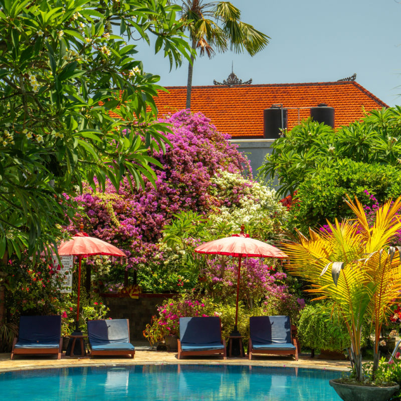 Pool and Sun Loungers in Bali Hotel Resort