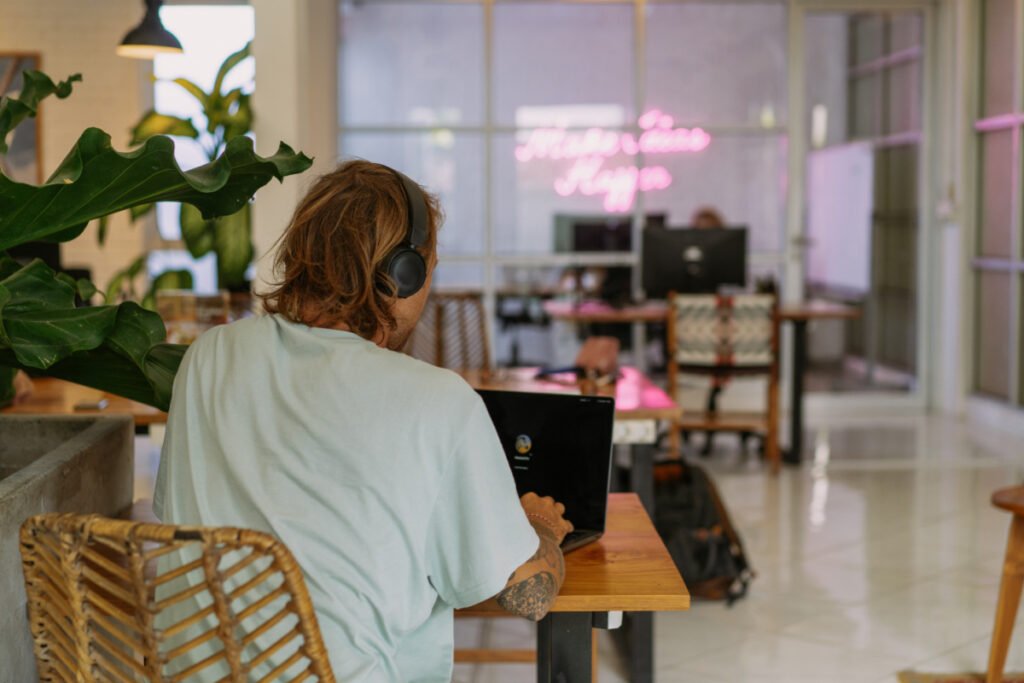 View of digital nomad in Bali working
